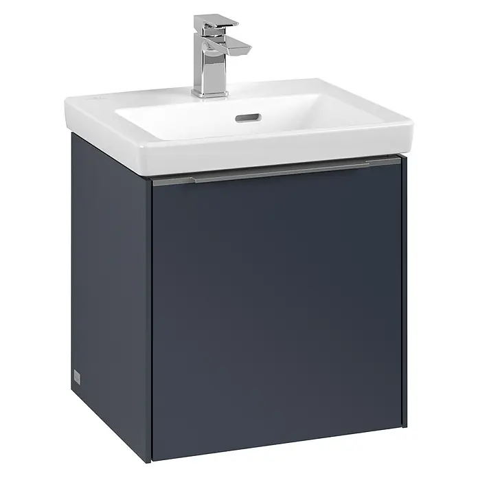 Villeroy & Boch Subway 3.0 Waschbeckenunterschrank - Marine Blue, Anzahl Türen: 1 Stk., Farbe Griff: Aluminium glänzend, B x T x H: 42,3 x 37,8 x 42,9 cm, DIN Anschlag: Links - Moderner Waschtisch mit Unterschrank in Anthrazit und weißem Waschbecken für das Badezimmer. Elegantes Design.