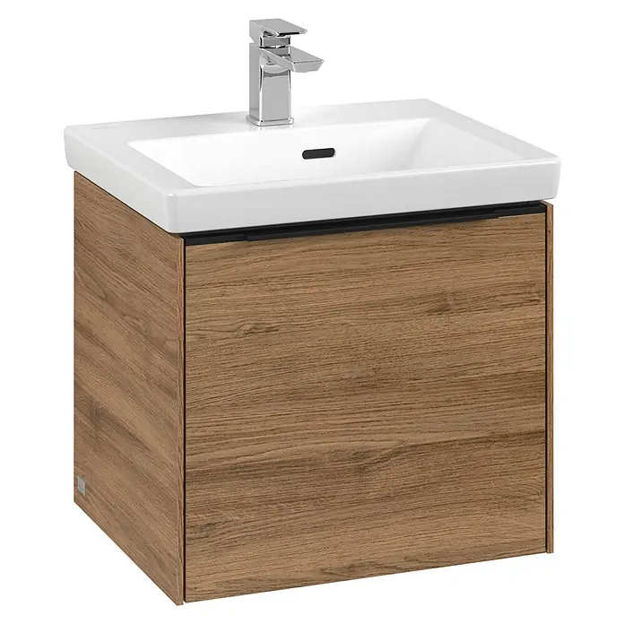 Villeroy & Boch Subway 3.0 Waschbeckenunterschrank - Kansas Oak, Anzahl Schubladen: 1 Stk., Farbe Griff: Volcano Black, B x T x H: 47,3 x 40,8 x 42,9 cm - Ein schicker Waschtisch mit einer Holzstruktur und einem modernen Wasserhahn, der jedem Badezimmer einen Hauch von Eleganz verleiht.