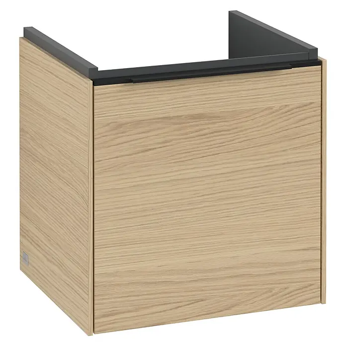 Villeroy & Boch Subway 3.0 Waschbeckenunterschrank - Nordik Oak, Anzahl Türen: 1 Stk., Farbe Griff: Volcano Black, B x T x H: 42,3 x 37,8 x 42,9 cm, DIN Anschlag: Links - Bild eines hellbraunen Waschtischunterschranks mit dunkler Abdeckung, ideal für moderne Badezimmer.