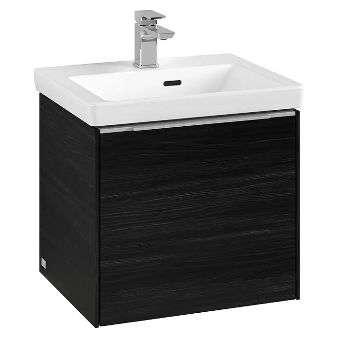 Villeroy & Boch Subway 3.0 Waschbeckenunterschrank - Black Oak, Anzahl Schubladen: 1 Stk., Farbe Griff: Aluminium glänzend, B x T x H: 47,3 x 40,8 x 42,9 cm, Mit Beleuchtung - Elegantes Waschbecken mit Unterschrank in dunklem Holzdesign und modernem Wasserhahn. Ideal für stilvolle Badezimmer.