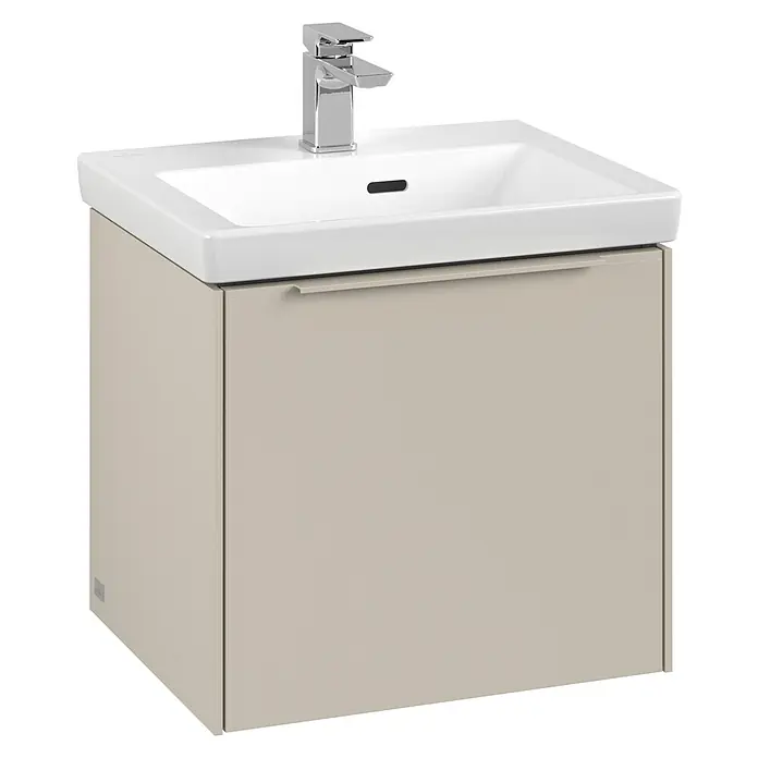 Villeroy & Boch Subway 3.0 Waschbeckenunterschrank - Cashmere Grey, Anzahl Schubladen: 1 Stk., Farbe Griff: Monochrom, B x T x H: 47,3 x 40,8 x 42,9 cm - Hier ist ein moderner Waschtischunterschrank in Beige mit einem stilvollen Waschbecken und einer Armatur.