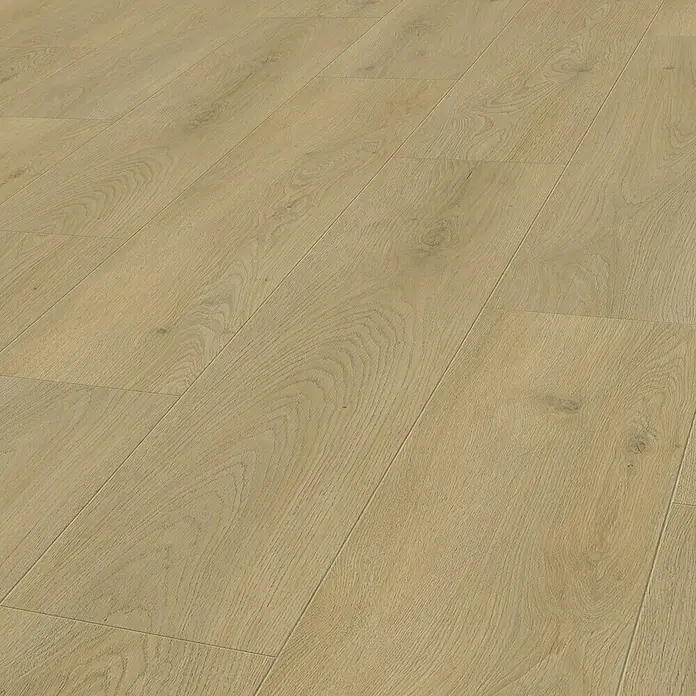 Vinylboden Rigid - Oak Forest, Landhausdiele, 1.220 x 229 x 5 mm - Nahaufnahme von Laminatboden mit hellem Holzmaserungsmuster, ideal für moderne Innenräume und Renovierungen.