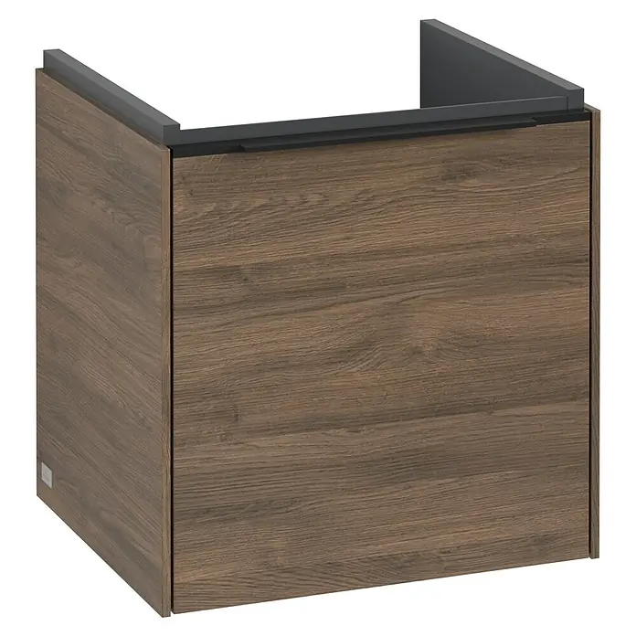 Villeroy & Boch Subway 3.0 Waschbeckenunterschrank - Arizona Oak, Anzahl Türen: 1 Stk., Farbe Griff: Volcano Black, B x T x H: 42,3 x 37,8 x 42,9 cm, DIN Anschlag: Links - Ein moderner Waschbeckenunterschrank in Holzoptik mit einem schlichten, dunklen Aufsatz für das Badezimmer.