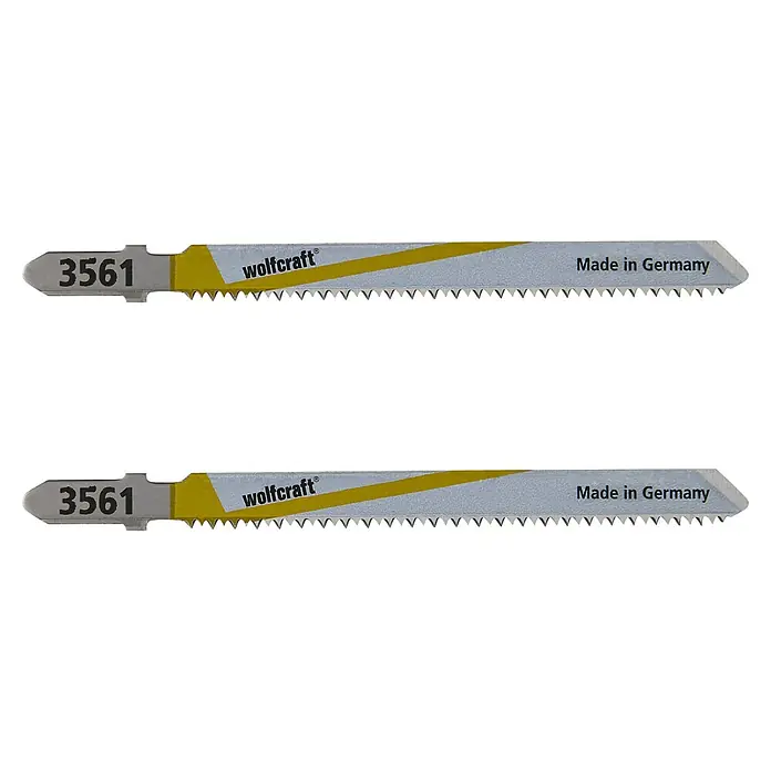 Wolfcraft Stichsägeblatt - Spanplatten, T-Schaft, Schnitttiefe: 3 mm - 30 mm, 2 Stk. - Zwei Wolfcraft Stichsägeblätter 3561, hergestellt in Deutschland, ideal für präzise Holzschnitte mit scharfen Zähnen und langlebiger Qualität.