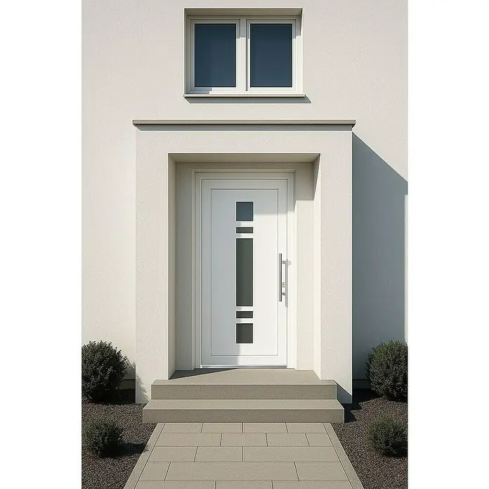 Panto Haustür Premium SMK 017 - 110 x 210 cm, DIN Anschlag: Rechts, Weiß - Modern gestaltete Haustür mit Glaseinsätzen und einem schlichten, eleganten Design, das zu zeitgenössischer Architektur passt.