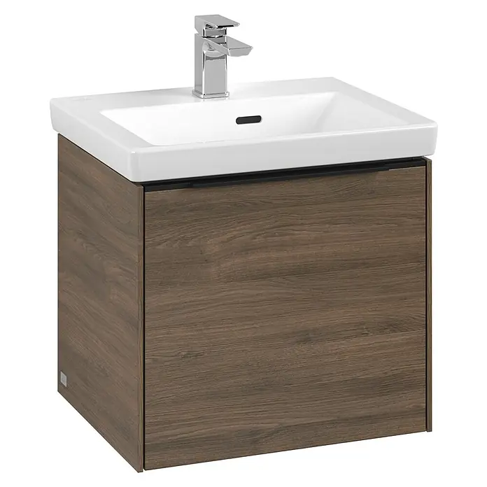 Villeroy & Boch Subway 3.0 Waschbeckenunterschrank - Arizona Oak, Anzahl Schubladen: 1 Stk., Farbe Griff: Volcano Black, B x T x H: 47,3 x 40,8 x 42,9 cm - Ein moderner Waschtischunterschrank in Holzoptik mit einem weißen Aufsatzwaschbecken und einer Armatur. Perfekt für jedes Badezimmer.