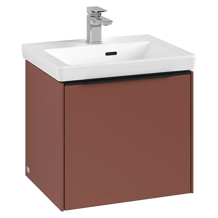 Villeroy & Boch Subway 3.0 Waschbeckenunterschrank - Wine Red, Anzahl Schubladen: 1 Stk., Farbe Griff: Volcano Black, B x T x H: 47,3 x 40,8 x 42,9 cm - Ein moderner Waschtisch mit einem Unterschrank in Braun. Die Kombination aus Weiß und Braun verleiht dem Badezimmer einen eleganten Touch.