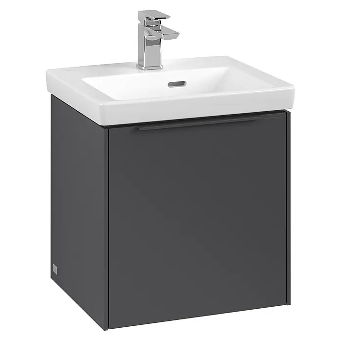Villeroy & Boch Subway 3.0 Waschbeckenunterschrank - Graphite, Anzahl Türen: 1 Stk., Farbe Griff: Monochrom, B x T x H: 42,3 x 37,8 x 42,9 cm, DIN Anschlag: Links - Ein moderner grauer Waschtischunterschrank mit weißem Waschbecken und verchromter Armatur. Das Möbelstück bietet Stauraum und ein stilvolles Design für jedes Badezimmer.