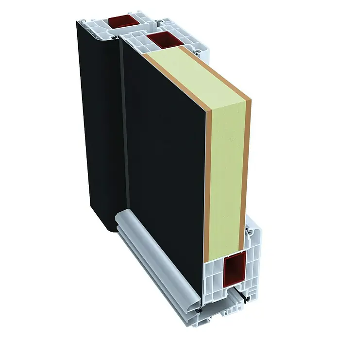 Panto Haustür Premium SMK 017 - 110 x 210 cm, DIN Anschlag: Links, Anthrazit/Weiß - Querschnitt eines Fensters, der seine innere Konstruktion mit Isolierung und Rahmenstruktur zeigt.