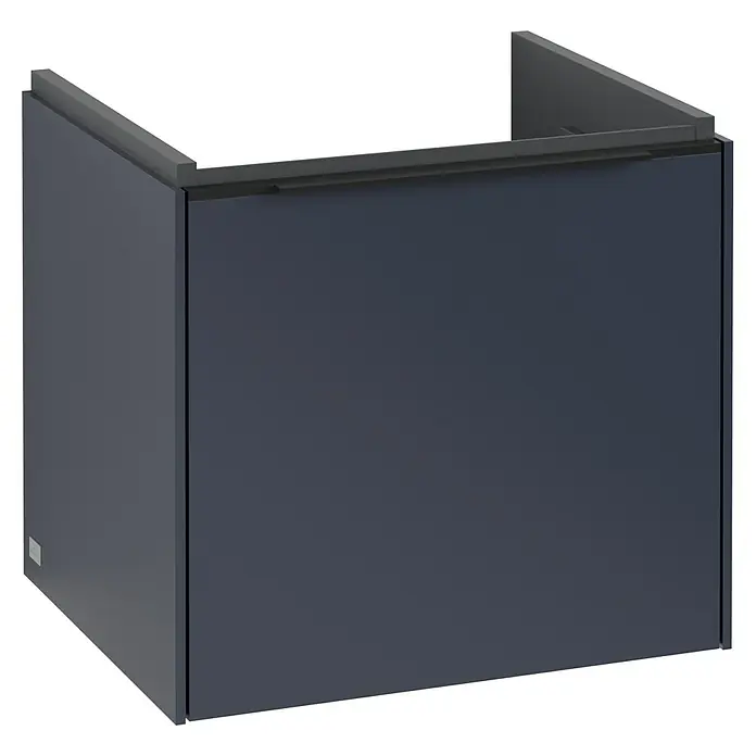 Villeroy & Boch Subway 3.0 Waschbeckenunterschrank - Marine Blue, Anzahl Schubladen: 1 Stk., Farbe Griff: Volcano Black, B x T x H: 47,3 x 40,8 x 42,9 cm, Mit Beleuchtung - Das Bild zeigt einen modernen Waschtischunterschrank in dunkler Farbe, der durch sein minimalistisches Design besticht. Er bietet Stauraum im Badezimmer.