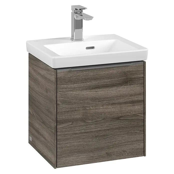 Villeroy & Boch Subway 3.0 Waschbeckenunterschrank - Stone Oak, Anzahl Türen: 1 Stk., Farbe Griff: Aluminium glänzend, B x T x H: 42,3 x 37,8 x 42,9 cm, DIN Anschlag: Rechts - Waschbeckenunterschrank mit moderner Armatur und Holzoptik. Ideal für Badezimmer mit Stil.