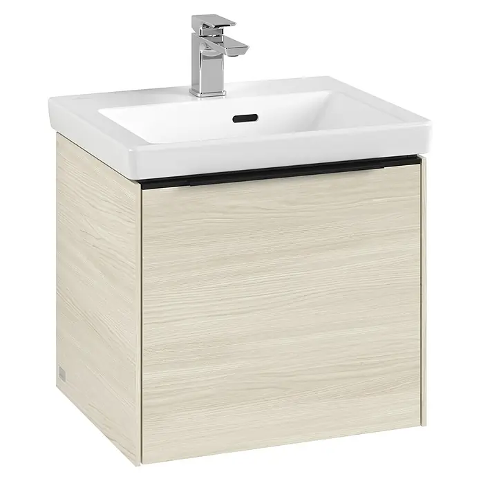 Villeroy & Boch Subway 3.0 Waschbeckenunterschrank - White Oak, Anzahl Schubladen: 1 Stk., Farbe Griff: Volcano Black, B x T x H: 47,3 x 40,8 x 42,9 cm - Schrankwaschtisch mit hellem Holzdekor und minimalistischem Design. Die perfekte Kombination aus Stil und Funktionalität für Ihr Badezimmer.