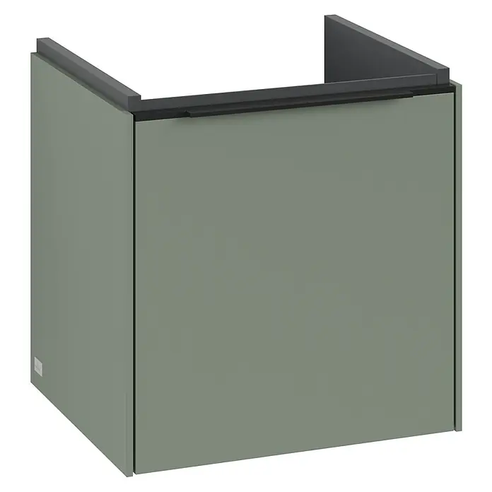 Villeroy & Boch Subway 3.0 Waschbeckenunterschrank - Soft Green, Anzahl Türen: 1 Stk., Farbe Griff: Volcano Black, B x T x H: 42,3 x 37,8 x 42,9 cm, DIN Anschlag: Links - Eine moderne, grüne Waschtischunterschrank-Lösung für stilvolle Badezimmer. Der Schrank bietet praktischen Stauraum und ein elegantes Design.