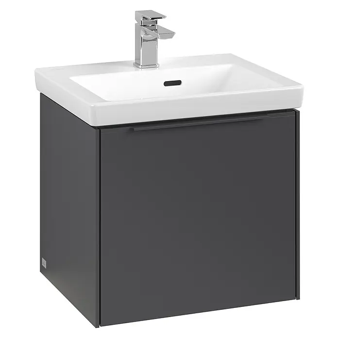 Villeroy & Boch Subway 3.0 Waschbeckenunterschrank - Graphite, Anzahl Schubladen: 1 Stk., Farbe Griff: Monochrom, B x T x H: 47,3 x 40,8 x 42,9 cm, Mit Beleuchtung - Graues Waschbeckenunterschrank-Set mit weißem Aufsatzwaschbecken und Chromarmatur für ein modernes Badezimmerdesign.