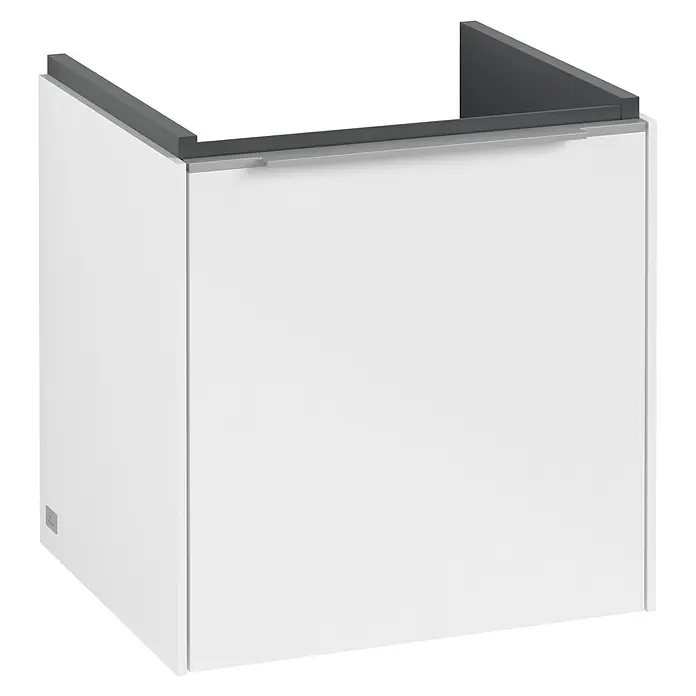Villeroy & Boch Subway 3.0 Waschbeckenunterschrank - Brilliant White, Anzahl Türen: 1 Stk., Farbe Griff: Aluminium glänzend, B x T x H: 42,3 x 37,8 x 42,9 cm, DIN Anschlag: Links - Das Bild zeigt einen modernen, weißen Waschtischunterschrank mit einer grauen Abdeckung. Der Schrank ist schlicht und funktional gestaltet.