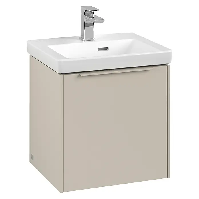Villeroy & Boch Subway 3.0 Waschbeckenunterschrank - Cashmere Grey, Anzahl Türen: 1 Stk., Farbe Griff: Monochrom, B x T x H: 42,3 x 37,8 x 42,9 cm, DIN Anschlag: Links - Moderner Waschtischunterschrank in Beige mit einem stilvollen Waschbecken und einer Armatur. Elegantes Design für jedes Badezimmer.