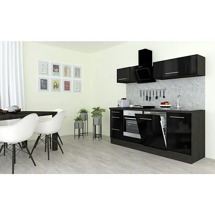Respekta Premium Küchenzeile RP220ESCBO - Breite: 220 cm, Schwarz, Mit Elektrogeräten - Moderne Küche mit schwarzen Möbeln, Esstisch und Stühlen. Die Küche besticht durch ihr elegantes Design und die funktionale Ausstattung.