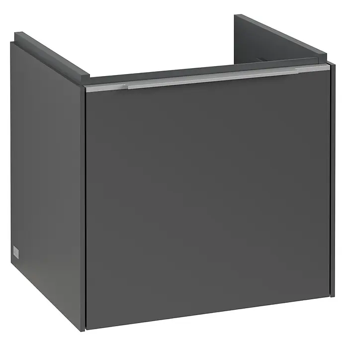 Villeroy & Boch Subway 3.0 Waschbeckenunterschrank - Graphite, Anzahl Schubladen: 1 Stk., Farbe Griff: Aluminium glänzend, B x T x H: 47,3 x 40,8 x 42,9 cm, Mit Beleuchtung - Detailaufnahme eines modernen, grauen Badezimmerunterschranks mit Griff. Der Schrank ist schlicht und funktional gestaltet.