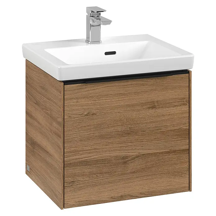 Villeroy & Boch Subway 3.0 Waschbeckenunterschrank - Kansas Oak, Anzahl Schubladen: 1 Stk., Farbe Griff: Volcano Black, B x T x H: 47,3 x 40,8 x 42,9 cm, Mit Beleuchtung - Dieser Waschtischunterschrank mit einer Holzoptik bietet stilvollen Stauraum für jedes Badezimmer. Die Waschtischkombination überzeugt mit Design.