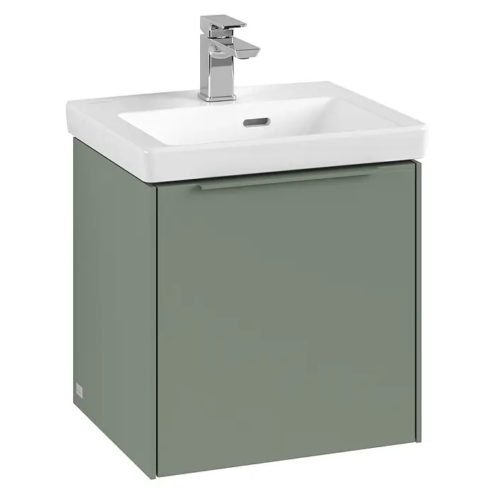Villeroy & Boch Subway 3.0 Waschbeckenunterschrank - Soft Green, Anzahl Türen: 1 Stk., Farbe Griff: Monochrom, B x T x H: 42,3 x 37,8 x 42,9 cm, DIN Anschlag: Links - Ein modernes Badezimmerwaschbecken mit Unterschrank in Grün, ideal für stilvolle Badgestaltungen und funktionale Raumnutzung.