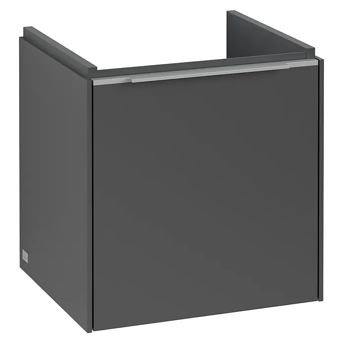 Villeroy & Boch Subway 3.0 Waschbeckenunterschrank - Graphite, Anzahl Türen: 1 Stk., Farbe Griff: Aluminium glänzend, B x T x H: 42,3 x 37,8 x 42,9 cm, DIN Anschlag: Links - Bild eines Waschtischunterschranks in dunklem Grau mit einem Griff aus gebürstetem Metall. Perfekt für ein modernes Badezimmer.