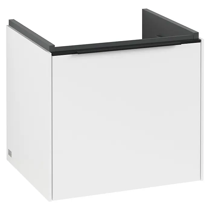Villeroy & Boch Subway 3.0 Waschbeckenunterschrank - Pure White, Anzahl Schubladen: 1 Stk., Farbe Griff: Volcano Black, B x T x H: 47,3 x 40,8 x 42,9 cm, Mit Beleuchtung - Eine Nahaufnahme eines weißen Badezimmerschranks mit einer dunklen Arbeitsplatte, der ein elegantes und modernes Design zeigt.