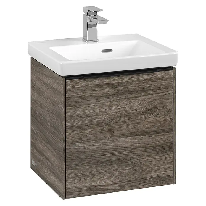 Villeroy & Boch Subway 3.0 Waschbeckenunterschrank - Stone Oak, Anzahl Türen: 1 Stk., Farbe Griff: Volcano Black, B x T x H: 42,3 x 37,8 x 42,9 cm, DIN Anschlag: Links - Modernes Waschbecken mit Unterschrank in Holzoptik. Der Waschtisch verfügt über eine Armatur und ein schlichtes, elegantes Design.