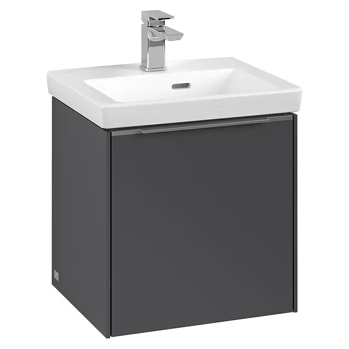 Villeroy & Boch Subway 3.0 Waschbeckenunterschrank - Graphite, Anzahl Türen: 1 Stk., Farbe Griff: Aluminium glänzend, B x T x H: 42,3 x 37,8 x 42,9 cm, DIN Anschlag: Links - Ein stilvoller Waschtischunterschrank in Anthrazit mit einem modernen Waschbecken und einer eleganten Armatur. Perfekt für jedes Badezimmer.