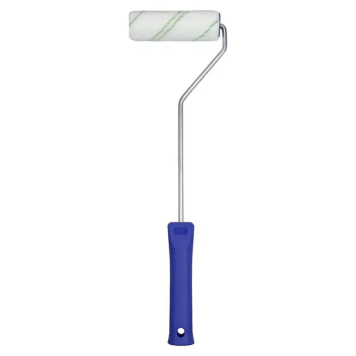 F18 Farbroller - Breite Rolle: 12 cm, Bügelstärke: 6 mm, Materialspezifizierung: Mikrofaser - Farbenroller mit blauem Griff. Der Roller ist weiß mit grünen Streifen. Perfekt für präzises Auftragen von Farbe auf kleineren Flächen.