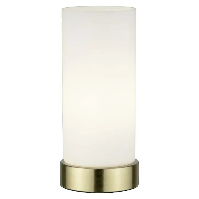 Paulmann Lámpara de sobremesa Pinja - 20 W, L x An x Al: 11 cm x 11 mm x 24,4 cm, Latón, Blanco, E14 - Primer plano de una elegante lámpara de mesa con una pantalla cilíndrica blanca y una base dorada, que emite una luz cálida y acogedora.