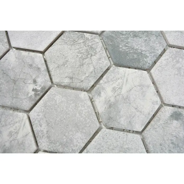 Mosaikfliese Hexagon HX CURIO ZLG - 32,5 x 28,1 cm, Grau, Matt - Sechseckige Marmorfliesen in verschiedenen Grautönen, die ein modernes und elegantes Muster bilden. Ideal für stilvolle Boden- und Wandgestaltungen.