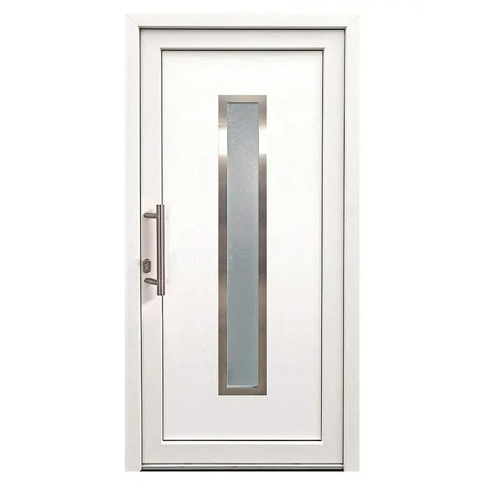 Panto Haustür Elbe K 016 - 100 x 200 cm, DIN Anschlag: Links, Weiß - Elegante weiße Tür mit einem schmalen, rechteckigen Glaseinsatz und einem modernen Türgriff, ideal für zeitgenössische Wohndesigns.