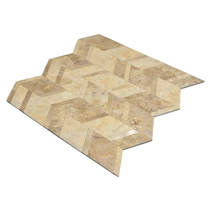 Selbstklebemosaik SAM 4AR46LBG - 28 x 29 cm, Beige/Grau, Matt - Detailaufnahme einer Travertin-Mosaikfliese in einem Chevron-Muster, die durch ihre natürlichen Farbvariationen und Texturen besticht.