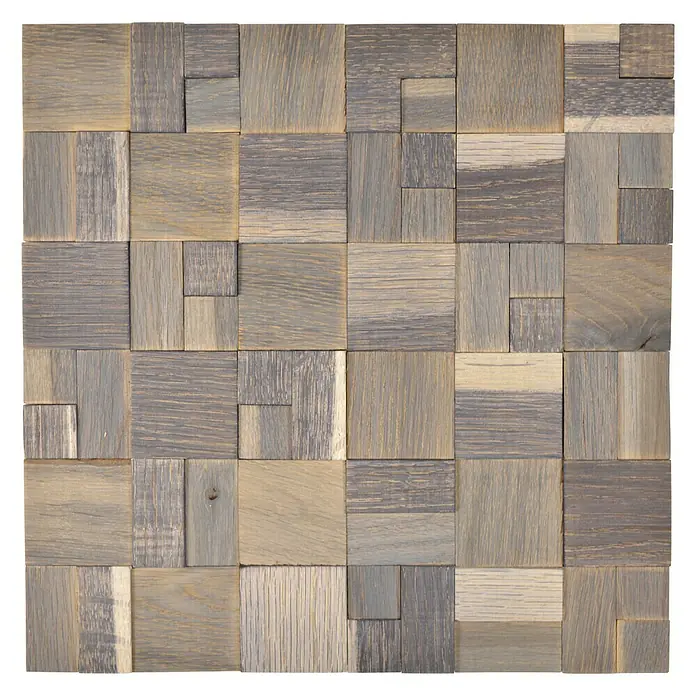 Selbstklebemosaik Wood SWM MC33N - 30 x 30 cm, Grau, Matt - Das Bild zeigt eine Wandverkleidung aus quadratischen Holzblöcken in verschiedenen Grautönen, die ein dekoratives und natürliches Muster ergeben.