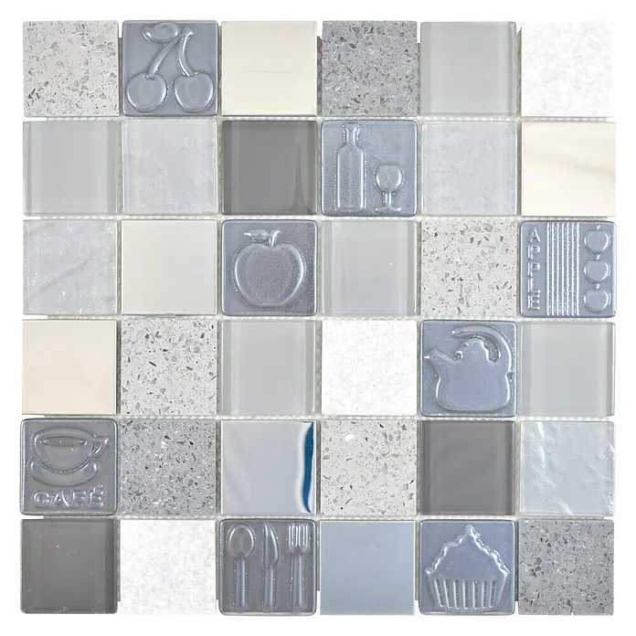 Mosaikfliese Quadrat Crystal XCM 8RK39 - 30 x 30 cm, Grau/Blau/Weiß, Glänzend - Mosaikfliese mit Küchenmotiven in Grau-, Weiß- und Cremetönen, ideal für eine stilvolle Küchenrückwand oder als dekoratives Element.