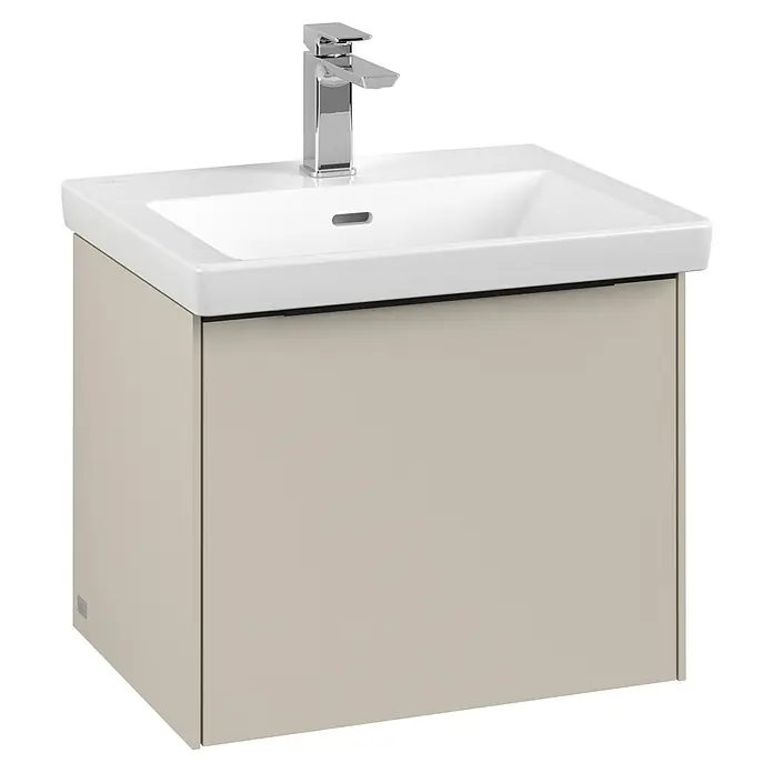 Villeroy & Boch Subway 3.0 Waschbeckenunterschrank - Cashmere Grey, Anzahl Schubladen: 1 Stk., Farbe Griff: Volcano Black, B x T x H: 52,3 x 44,8 x 42,9 cm - Moderne Waschtischkombination mit beigem Unterschrank und weißem Waschbecken mit Armatur für das Badezimmer.