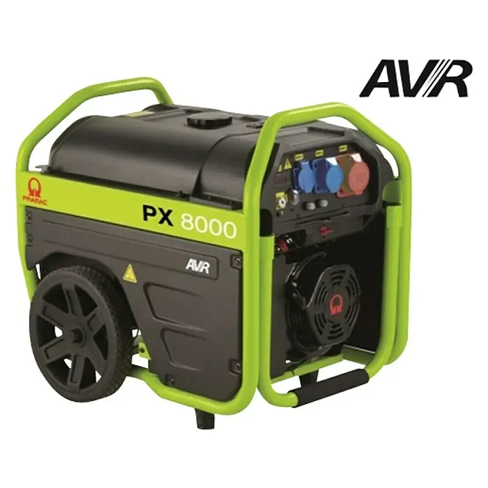 Pramac Stromerzeuger PX8000 - Nennleistung: 4 kW, Verbrauch: 2,75 l/h, Tankvolumen: 27 l - Hier ist ein tragbarer Stromgenerator der Marke PRMAC, Modell PX 8000, mit einem Rahmen in Grün.