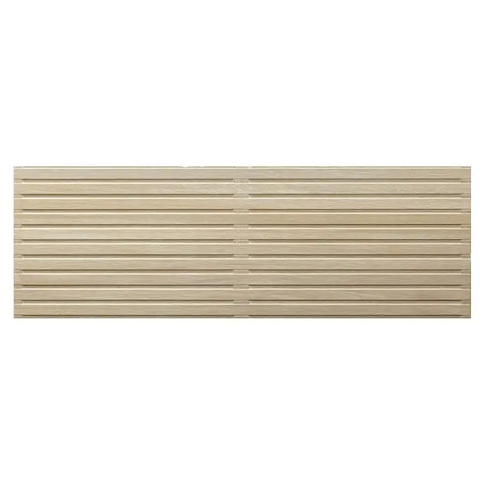 Wandfliese Spa Beige Dekor - 30 x 90 cm, Beige, Matt - Nahaufnahme einer hellen, horizontal gerippten Holzpaneele, die eine natürliche Textur und ein subtiles Muster für moderne Innenräume bietet.