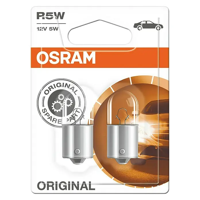 Osram Original Line Kennzeichenleuchte - R5W, 2 Stk. - Verpackung mit zwei Osram R5W 12V 5W Autolampen, Originalersatzteil für Fahrzeugbeleuchtung mit heller und zuverlässiger Lichtleistung.