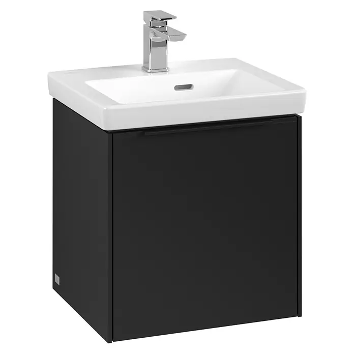 Villeroy & Boch Subway 3.0 Waschbeckenunterschrank - Volcano Black, Anzahl Türen: 1 Stk., Farbe Griff: Volcano Black, B x T x H: 42,3 x 37,8 x 42,9 cm, DIN Anschlag: Links - Elegantes Waschbeckenunterschrank-Set in Schwarz mit modernem Chromhahn, ideal für stilvolle Badezimmer. Die Kombination aus Weiß und Schwarz wirkt sehr edel.