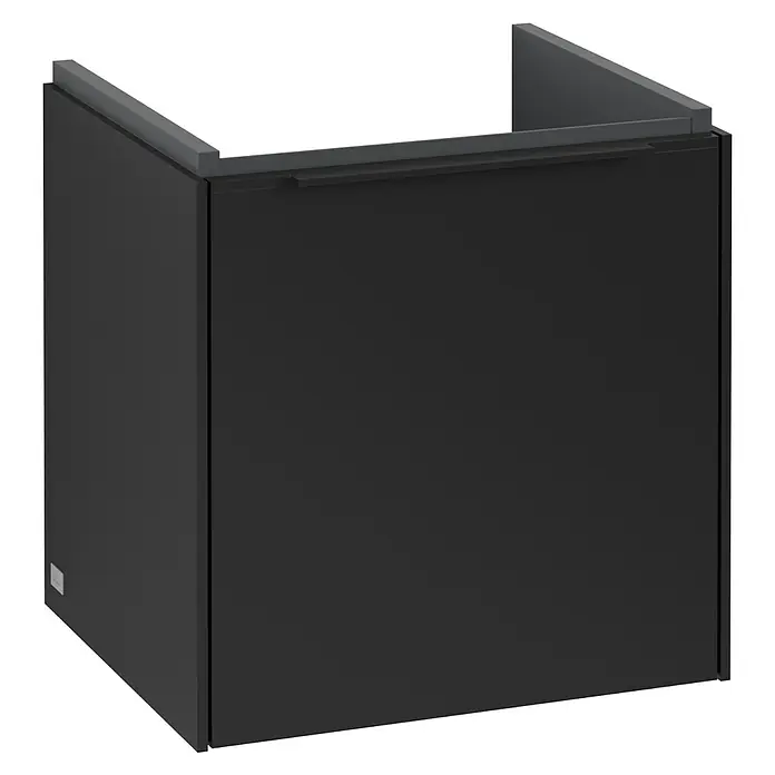 Villeroy & Boch Subway 3.0 Waschbeckenunterschrank - Volcano Black, Anzahl Türen: 1 Stk., Farbe Griff: Volcano Black, B x T x H: 42,3 x 37,8 x 42,9 cm, DIN Anschlag: Links - Ein moderner, mattschwarzer Waschtischunterschrank mit einem minimalistischen Design, perfekt für stilvolle Badezimmer.
