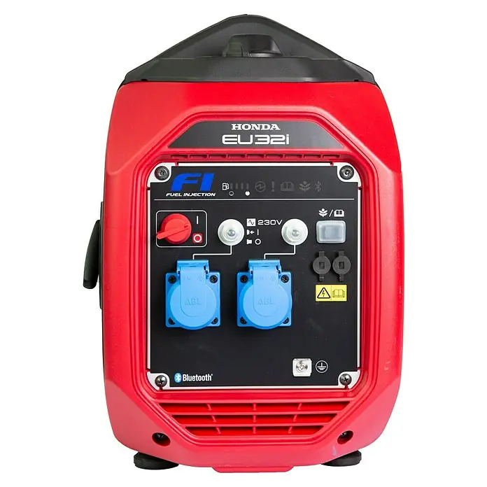 Honda Stromerzeuger EU 32i - 3,2 kW, Tankvolumen: 4,7 l - Rotes Honda EU32i Stromerzeugungsgerät mit Anschlüssen und Bedienelementen auf der Vorderseite.
