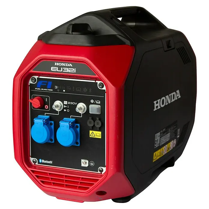 Honda Stromerzeuger EU 32i - 3,2 kW, Tankvolumen: 4,7 l - Nahaufnahme eines Honda EU32i Stromerzeugers mit roten und schwarzen Akzenten, der tragbare Stromversorgungslösung für unterwegs bietet.