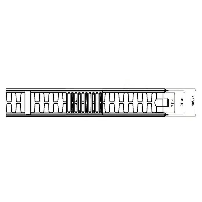 Flachheizkörper - B x H: 1.200 x 400 mm, Wärmeleistung bei Vorlauftemperatur von 75 °C (D: 50): 1.422 W, Typ Heizkörper: 22 - Eine detaillierte Darstellung eines Heizkörpers mit spezifischen Maßangaben.