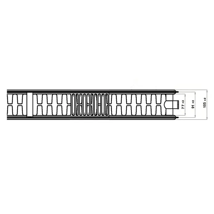 Flachheizkörper - B x H: 1.600 x 300 mm, Wärmeleistung bei Vorlauftemperatur von 75 °C (D: 50): 1.493 W, Typ Heizkörper: 22 - Schema des Heizkörpers mit Größenangaben. Präzise Konstruktionszeichnungen des Heizkörpers mit technischen Daten.