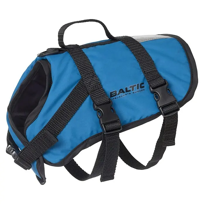 Schwimmweste Pluto für Hunde - XXL, 40 kg - 60 kg, Blau, 50 N - Blaue Baltic Schwimmweste mit schwarzen Gurten und Schnallen, ideal für Wassersportaktivitäten und Sicherheit im Wasser.