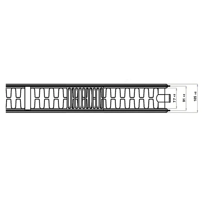 Kompaktheizkörper - B x H: 800 x 600 mm, Wärmeleistung bei Vorlauftemperatur von 75 °C (D: 50): 1.322 W, Typ Heizkörper: 22 - Technische Zeichnung eines Dämmelements mit den Maßen 77±2, 91±2 und 105±2, dargestellt in Schwarz und Weiß.