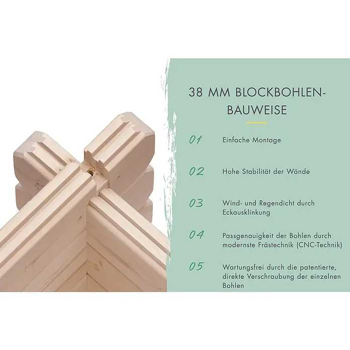 Karibu Gartenhaus - Außenmaß inkl. Dachüberstand (B x T): 678 x 333 cm, Holz, Naturbelassen, Mit Seitendach - Abbildung einer 38 mm Blockbohlen-Bauweise, die einfache Montage und hohe Stabilität der Wände verspricht.