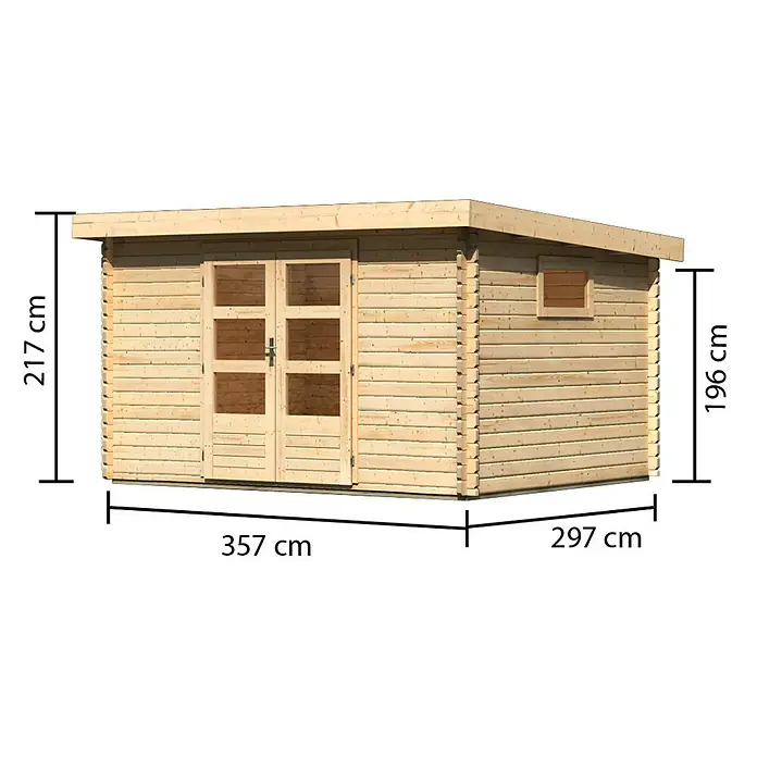 Karibu Gartenhaus Trittau 4 - Außenmaß inkl. Dachüberstand (B x T): 377 x 333 cm, Holz, Naturbelassen, Ohne Anbau - Holz Gartenhaus mit Flachdach, Doppeltüren und Maßen.