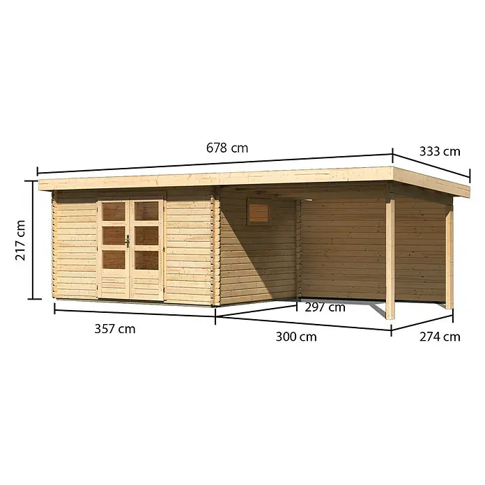 Karibu Gartenhaus Trittau 4 - Außenmaß inkl. Dachüberstand (B x T): 678 x 333 cm, Holz, Naturbelassen, Mit Seitendach & Rückwand - Naturholz-Gartenschuppen mit Doppeltüren und angebautem Carport, mit Maßen dargestellt.